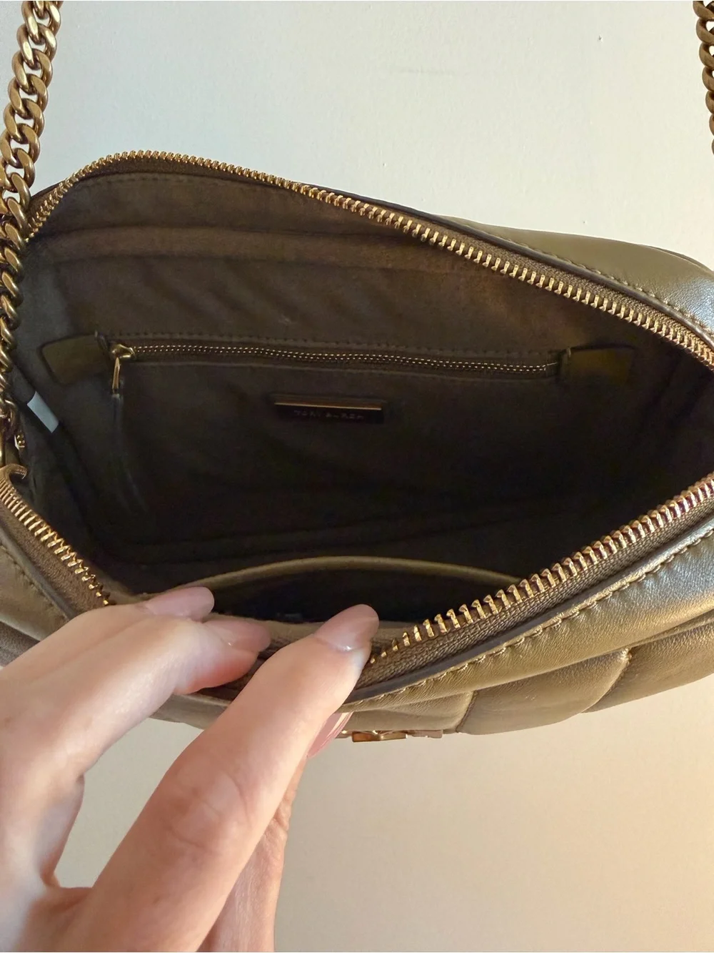 Tory Burch Olive Green Quilted Leather Camera Crossbody with Gold Logo